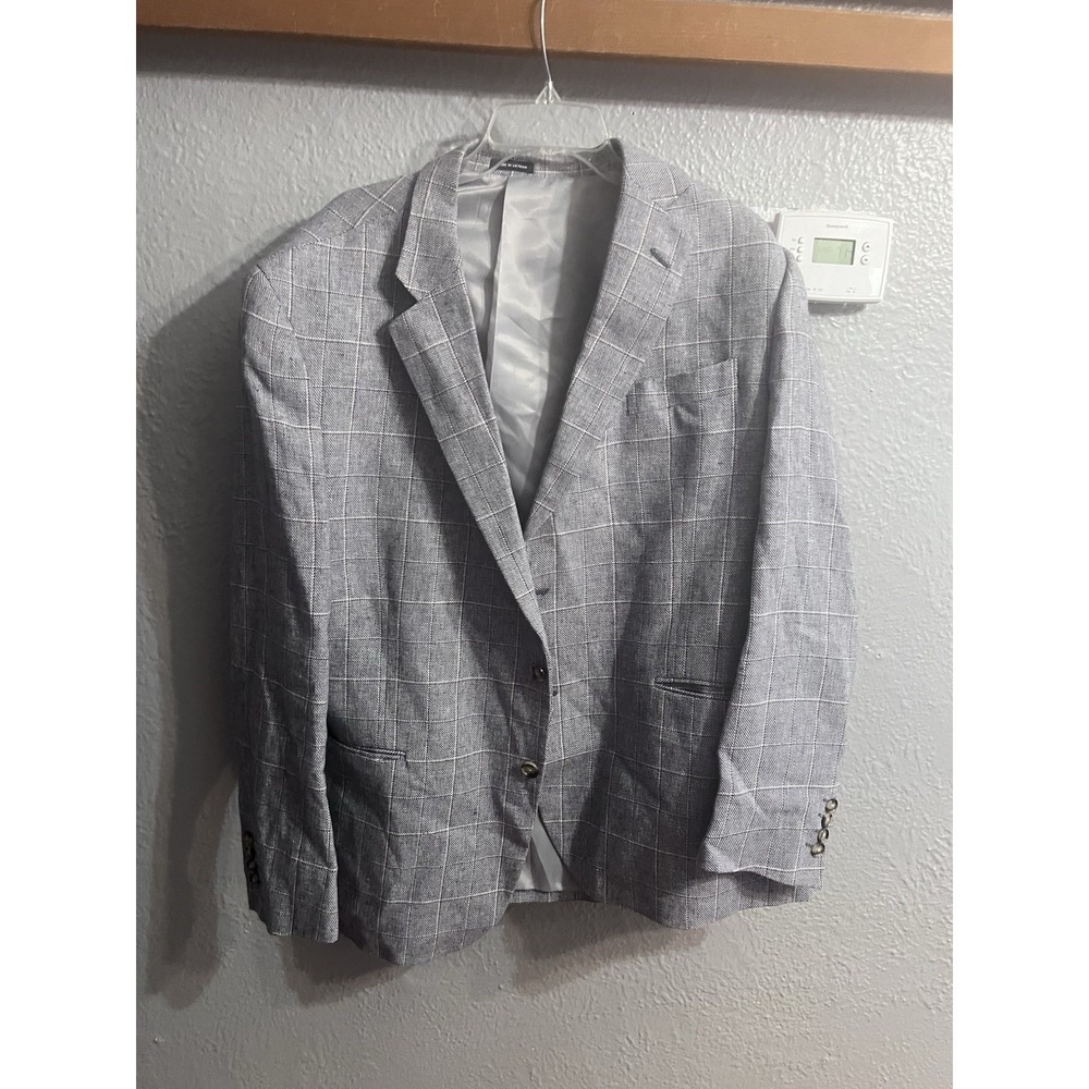 Mens Blue Size 46R Stafford Classic Sports Coat Windowpane Linen Blend‎